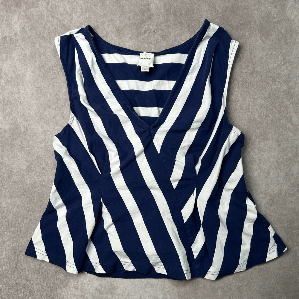 Maeve Anthropologie Navy Blue White Striped V-Neck Peplum Top OB1998938 Mens M